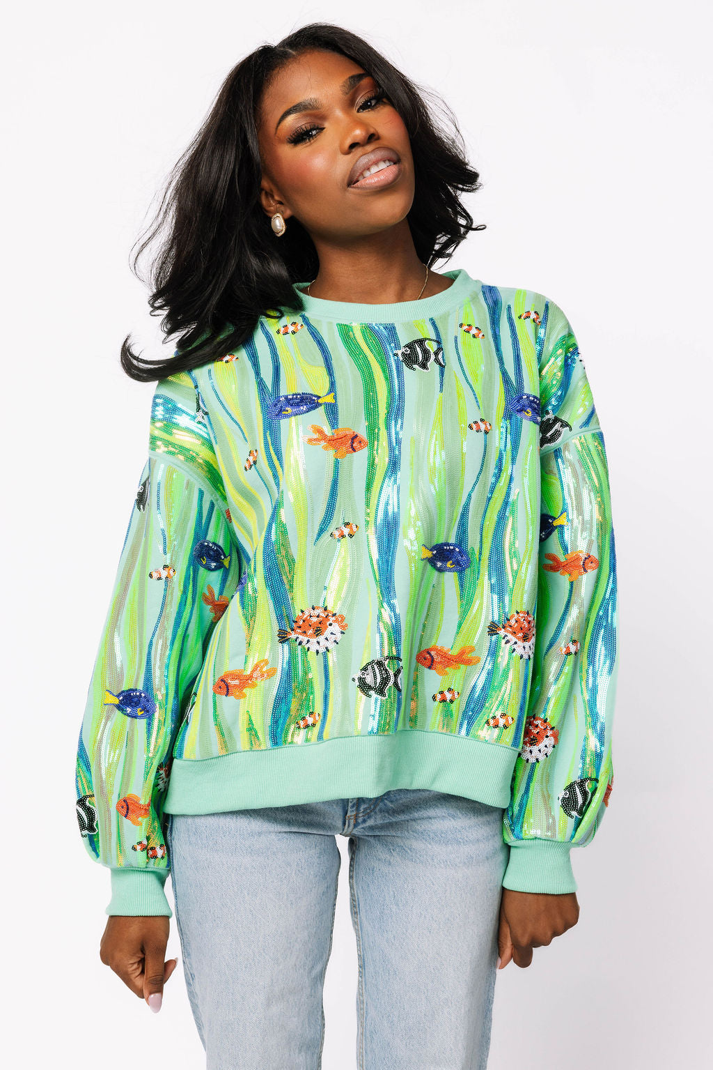 Green Multi Sequin Fish In Underwater Leaves Sweatshirt