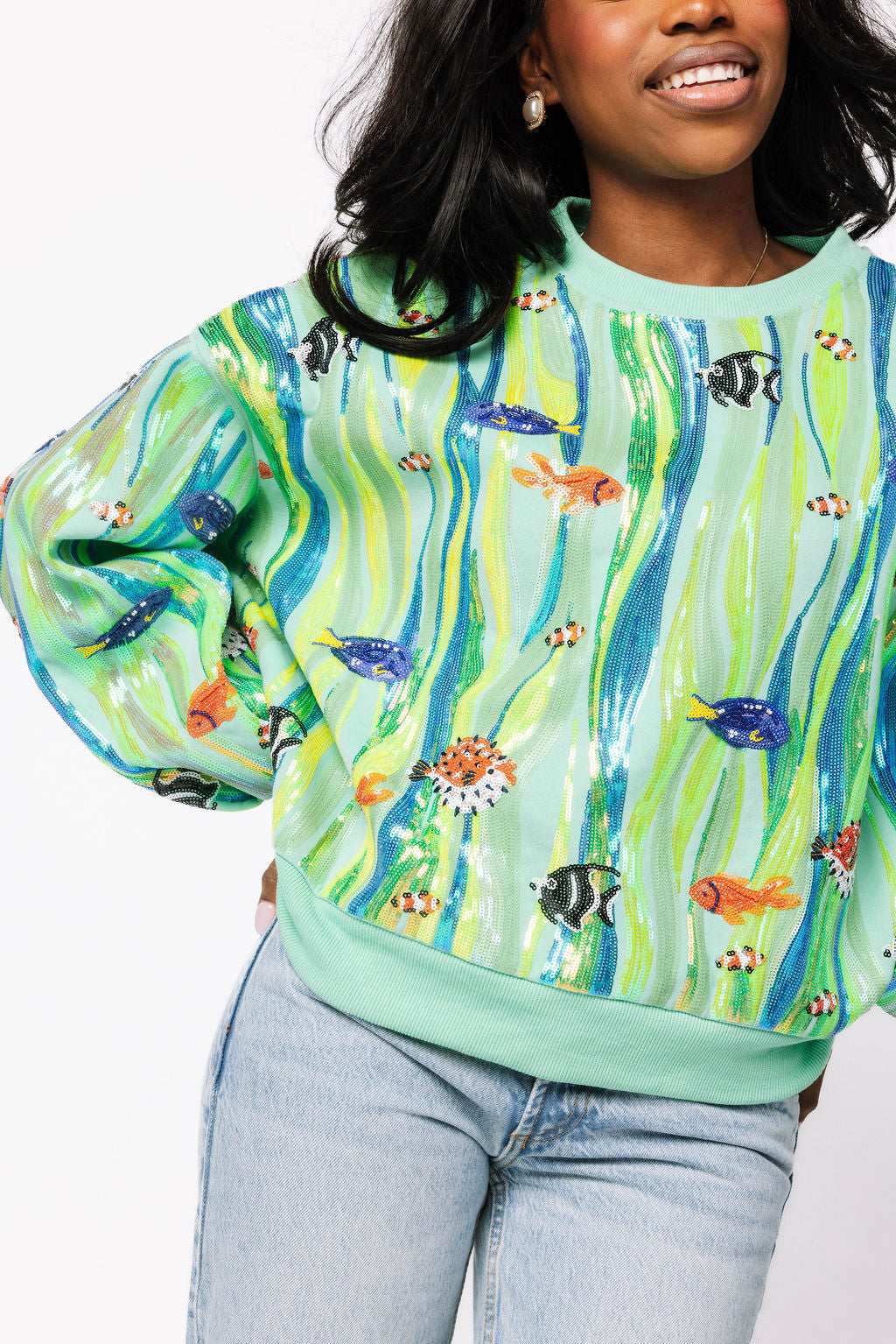 Green Multi Sequin Fish In Underwater Leaves Sweatshirt