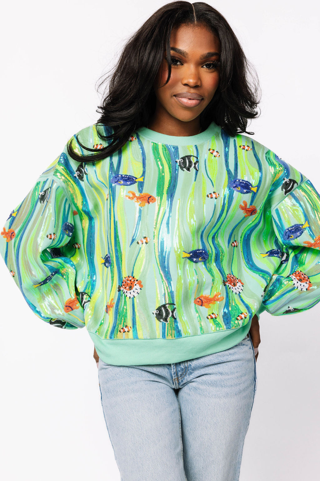 Green Multi Sequin Fish In Underwater Leaves Sweatshirt