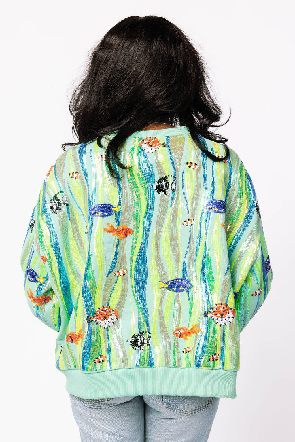 Green Multi Sequin Fish In Underwater Leaves Sweatshirt