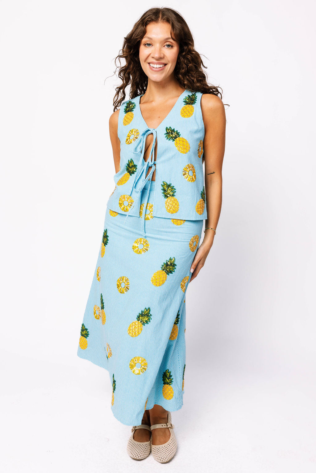 Blue & White Striped Pineapple Midi Skirt