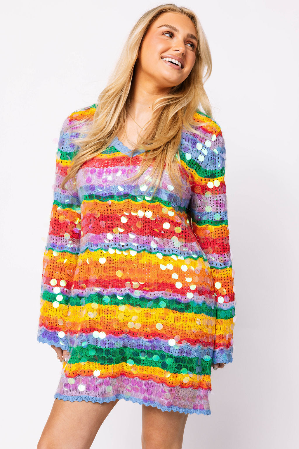 Rainbow Stripe Paillette Long Sleeve Knit Dress