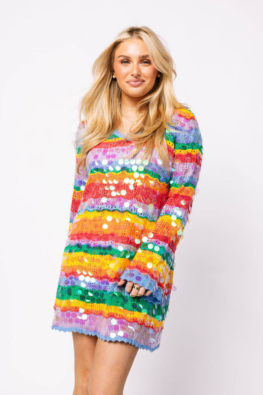 Rainbow Stripe Paillette Long Sleeve Knit Dress