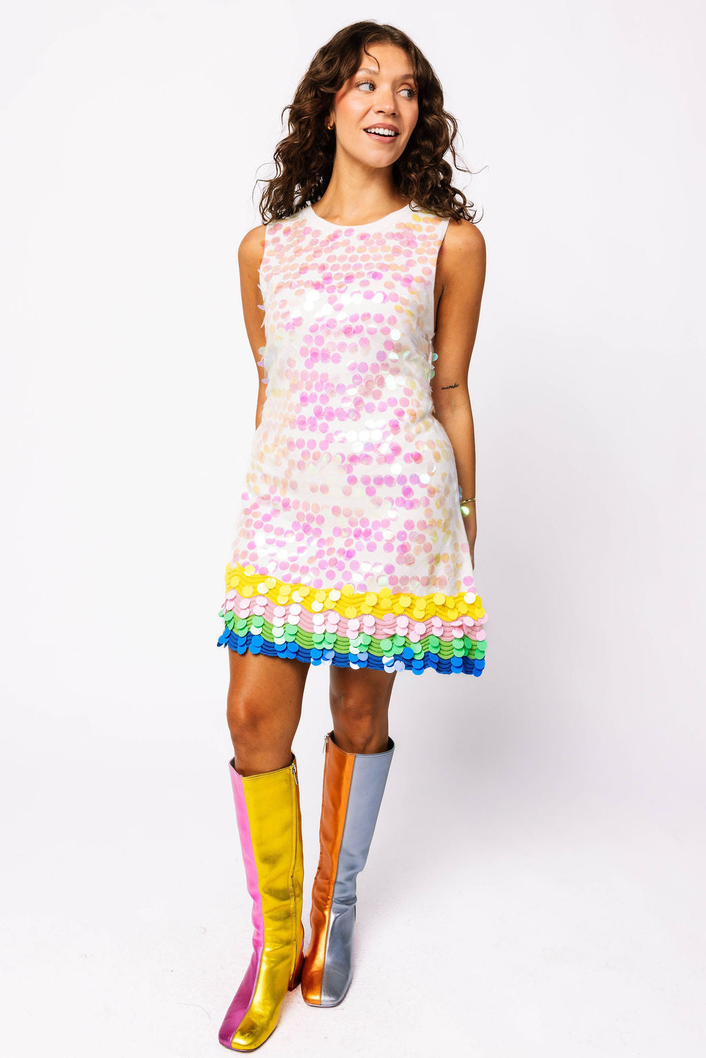 White Rainbow Trim Paillette Knit Dress