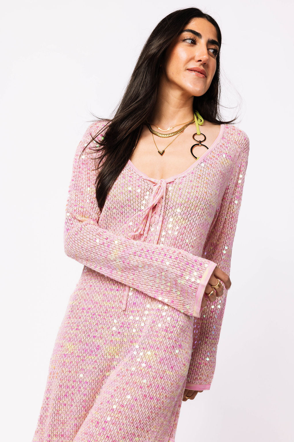 Pink Full Sequin Knit Tie Long Sleeve Midi Coverup