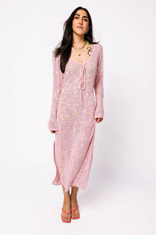 Pink Full Sequin Knit Tie Long Sleeve Midi Coverup