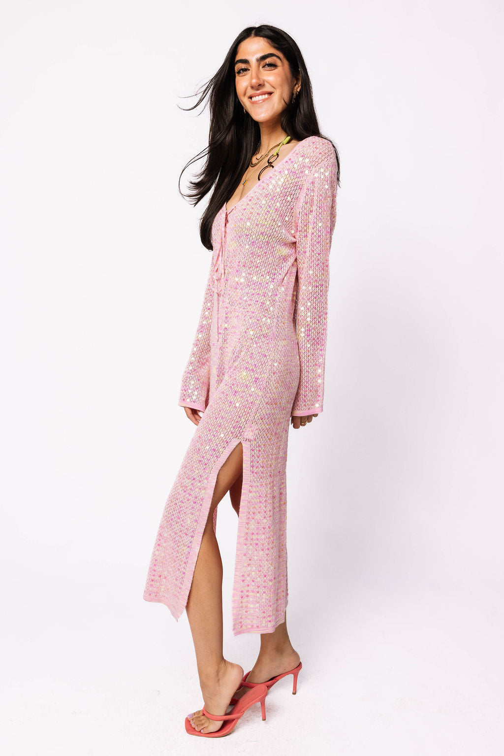 Pink Full Sequin Knit Tie Long Sleeve Midi Coverup