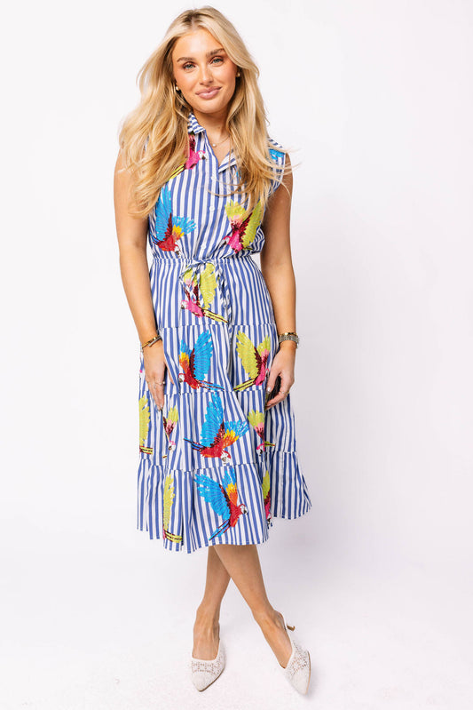 Navy & White Stripe Multi Parrot Tie Midi Cotton Dress