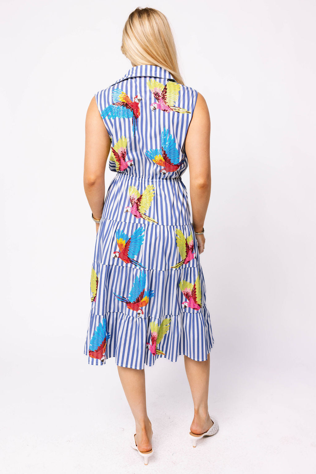 Navy & White Stripe Multi Parrot Tie Midi Cotton Dress
