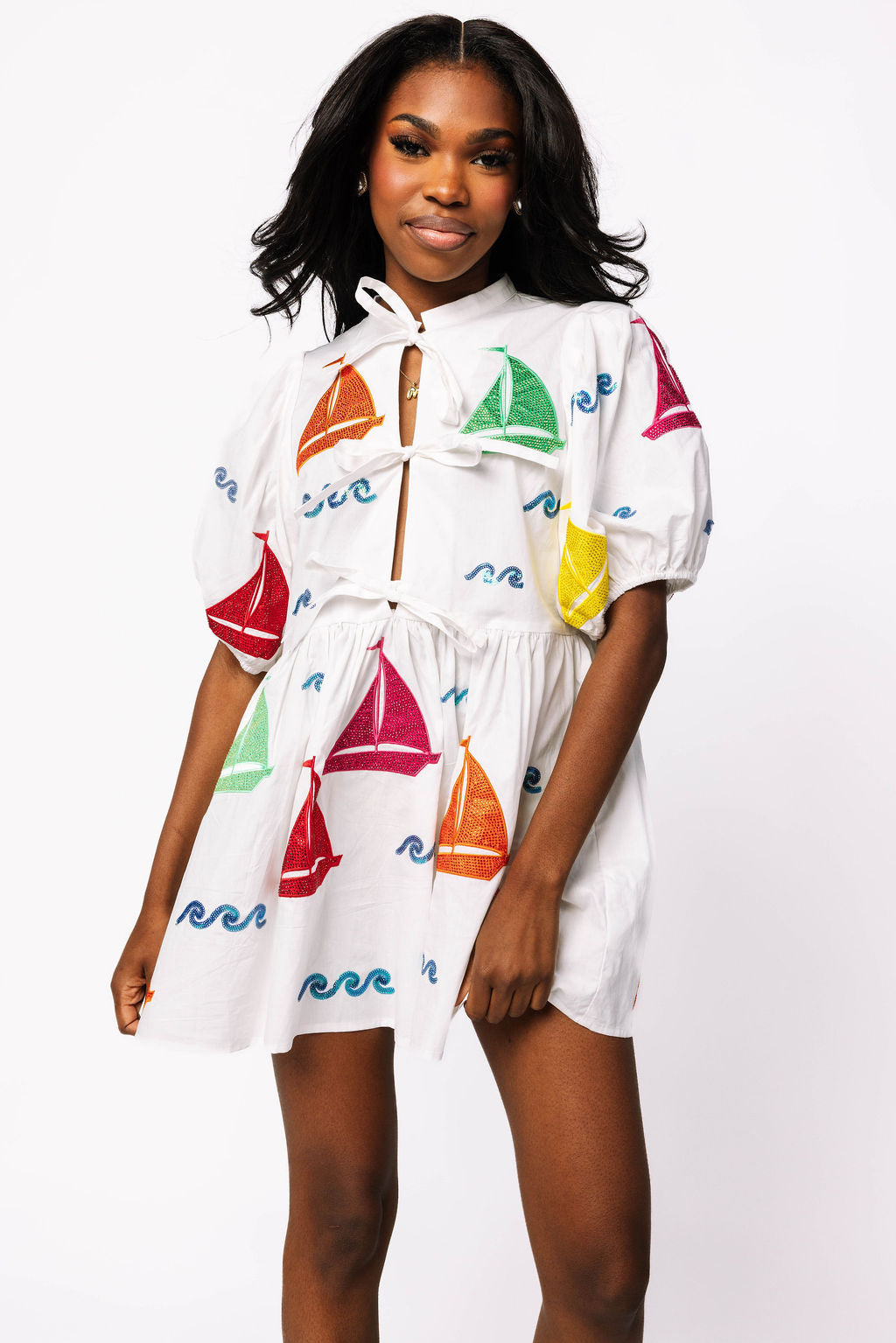 White Rainbow Sailboat Cotton Tie Dress