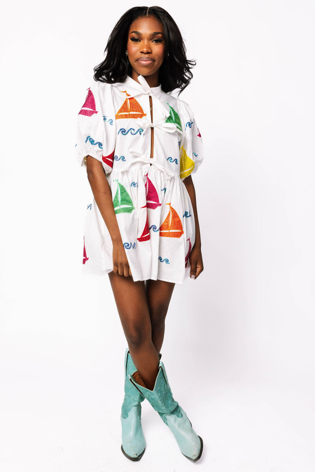 White Rainbow Sailboat Cotton Tie Dress