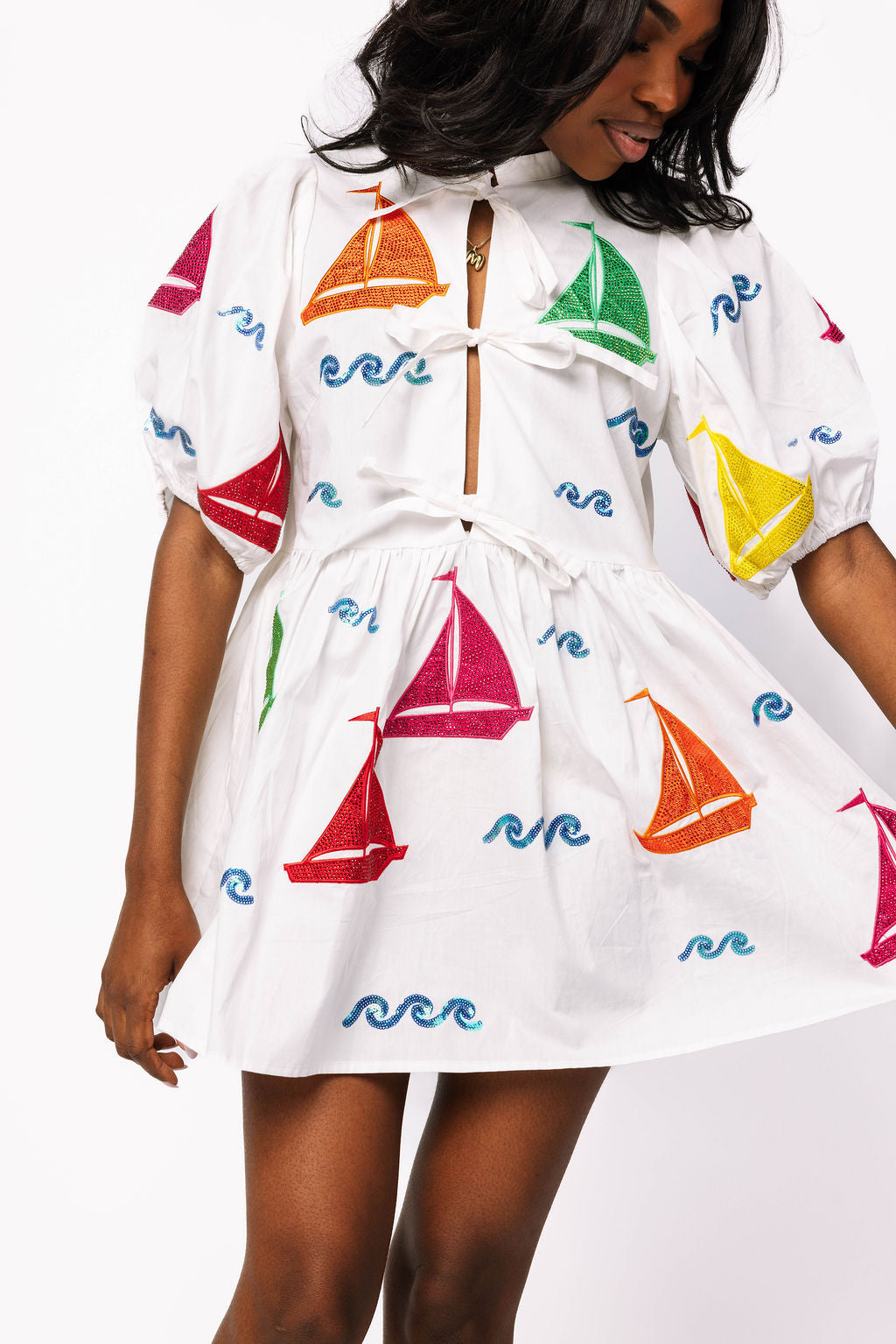 White Rainbow Sailboat Cotton Tie Dress