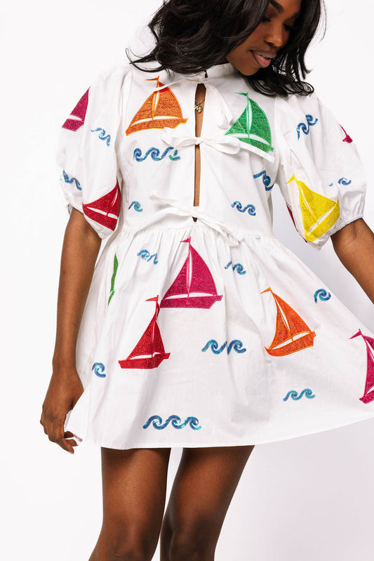 White Rainbow Sailboat Cotton Tie Dress