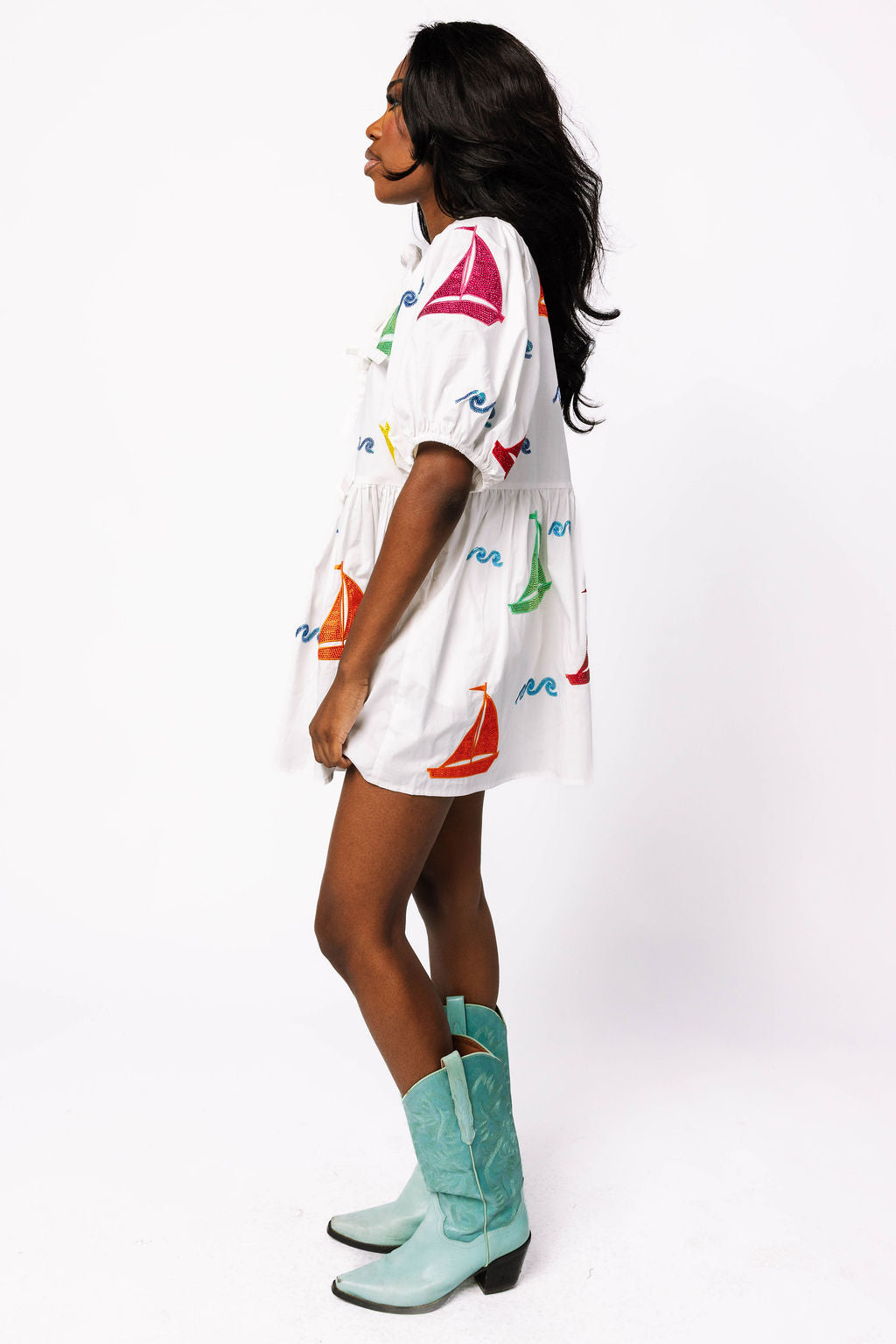 White Rainbow Sailboat Cotton Tie Dress