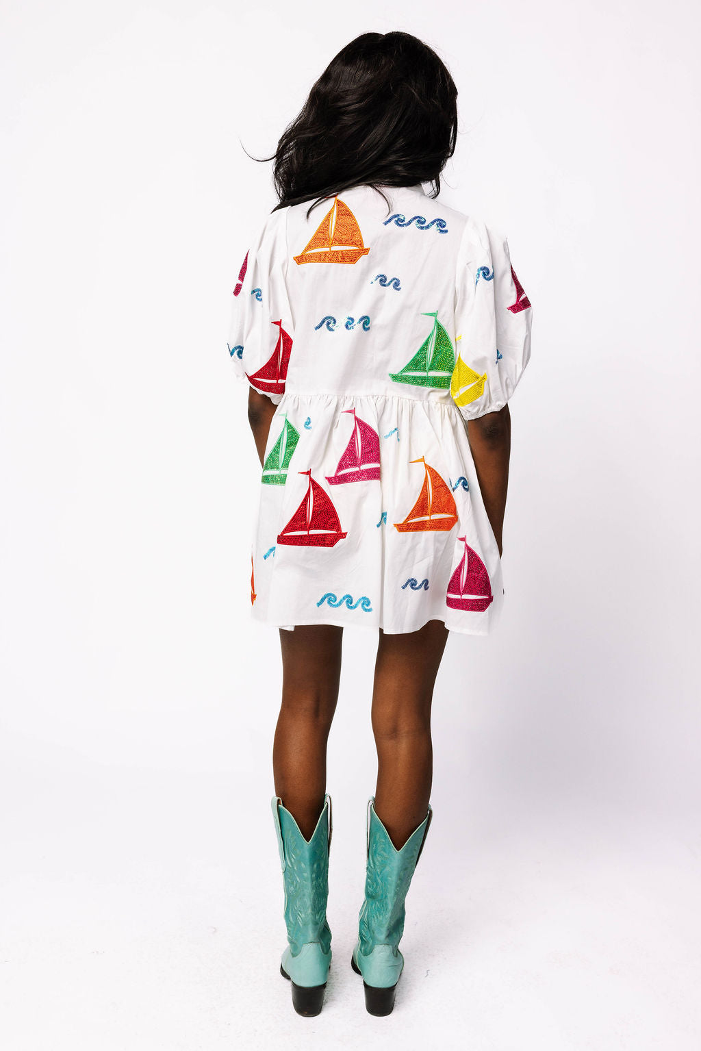 White Rainbow Sailboat Cotton Tie Dress