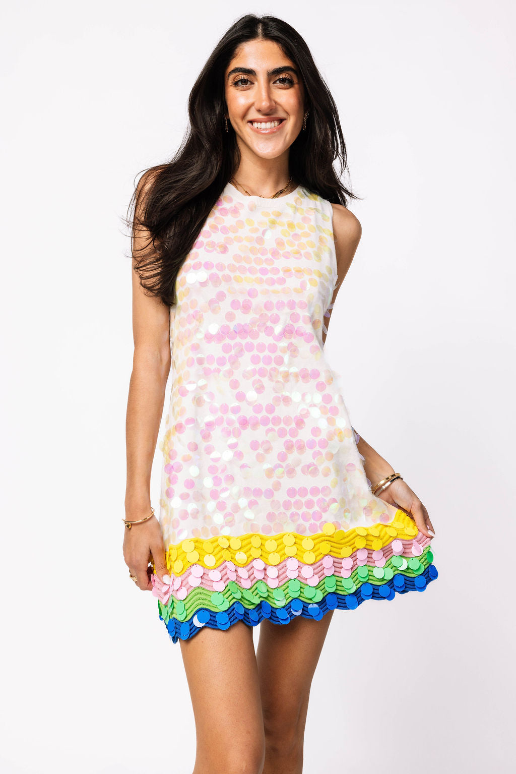 White Rainbow Trim Paillette Knit Dress