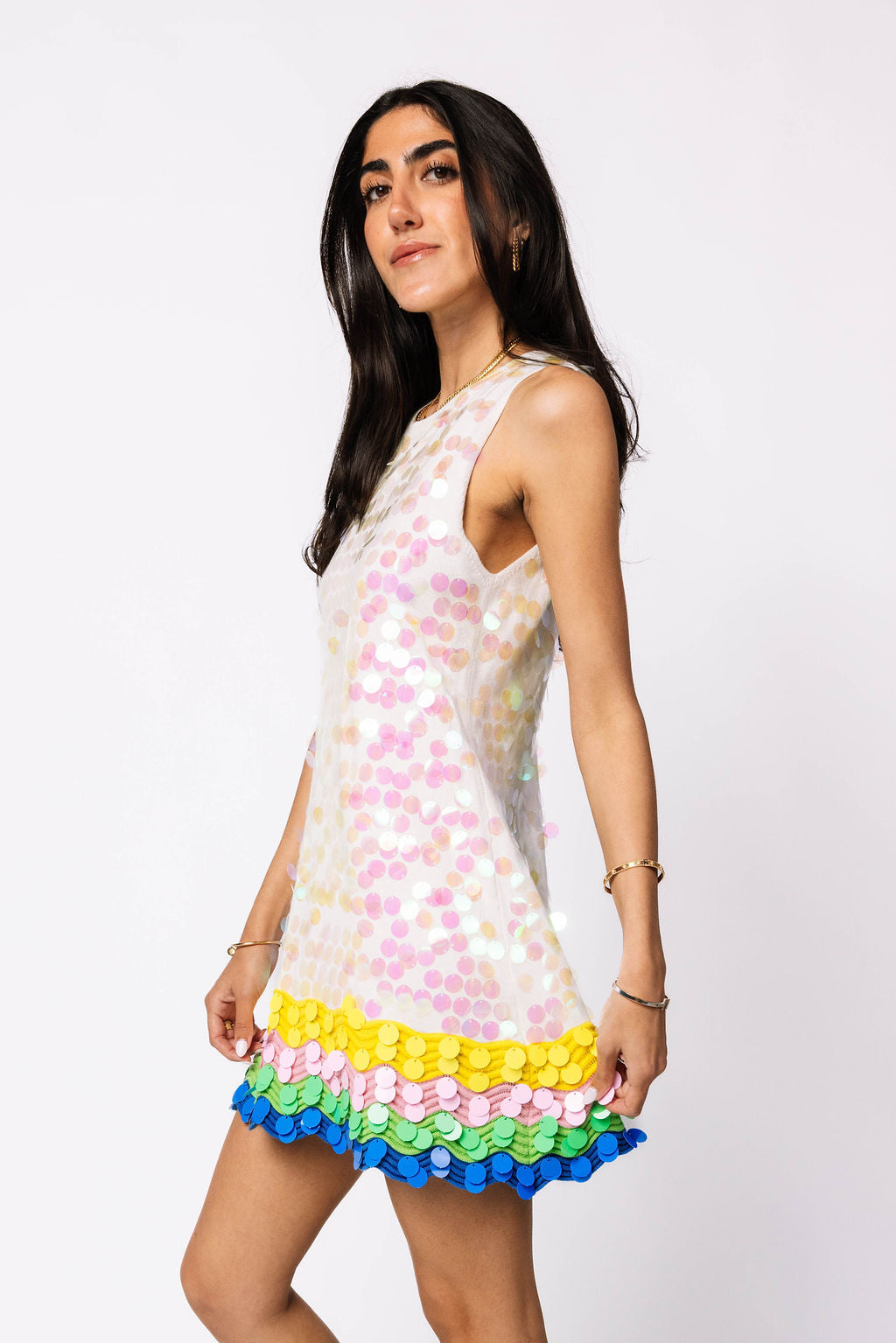 White Rainbow Trim Paillette Knit Dress