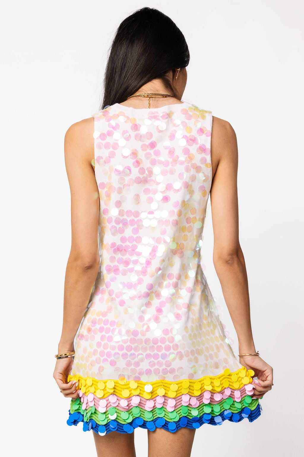 White Rainbow Trim Paillette Knit Dress