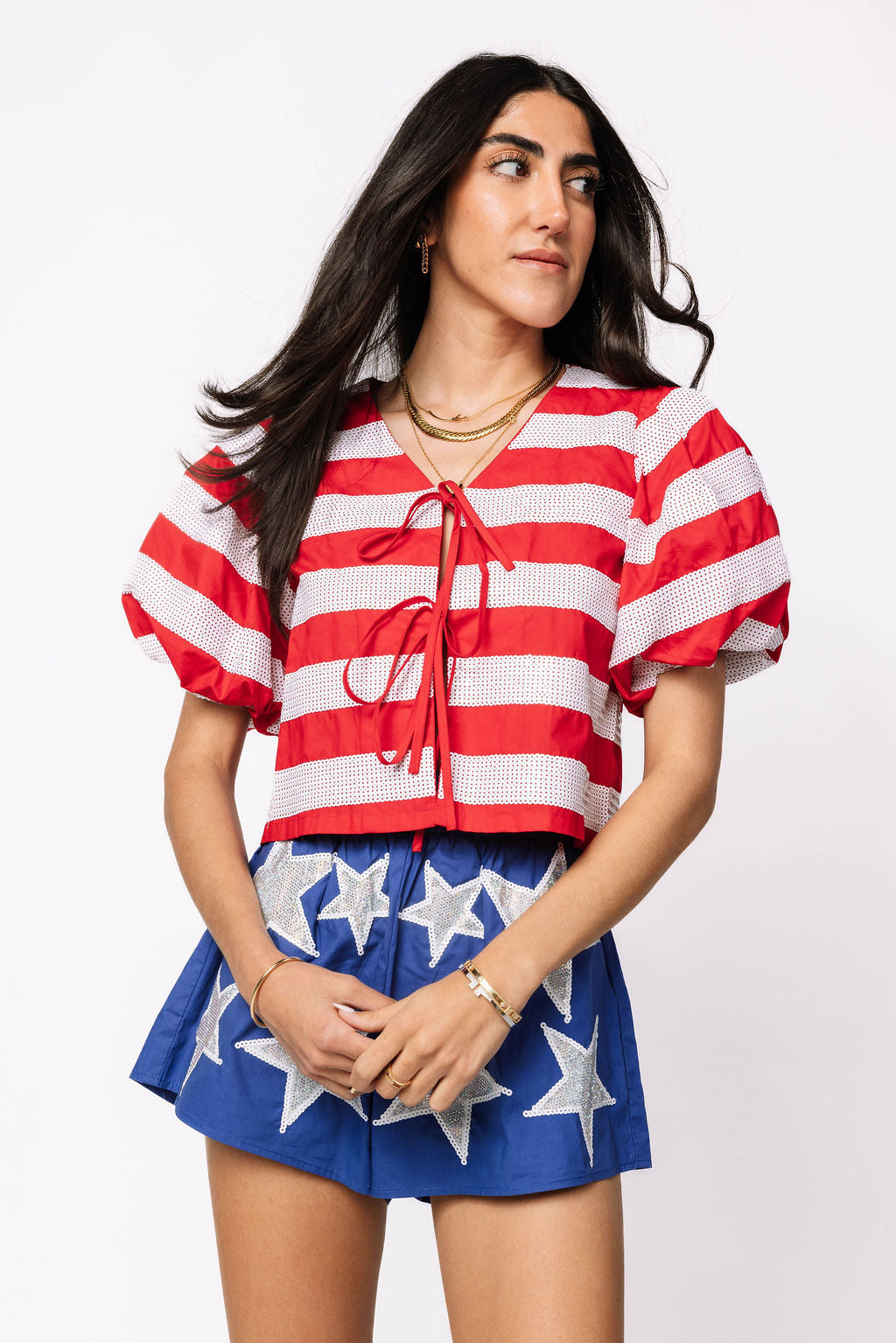 Red & White Stripe Cotton Poof Sleeve Tie Top