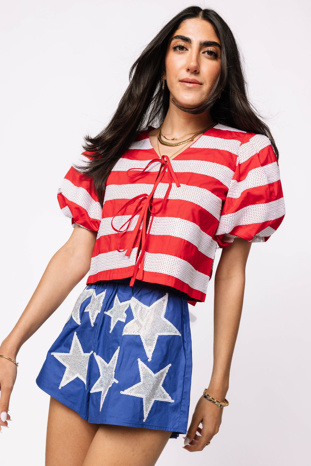 Red & White Stripe Cotton Poof Sleeve Tie Top