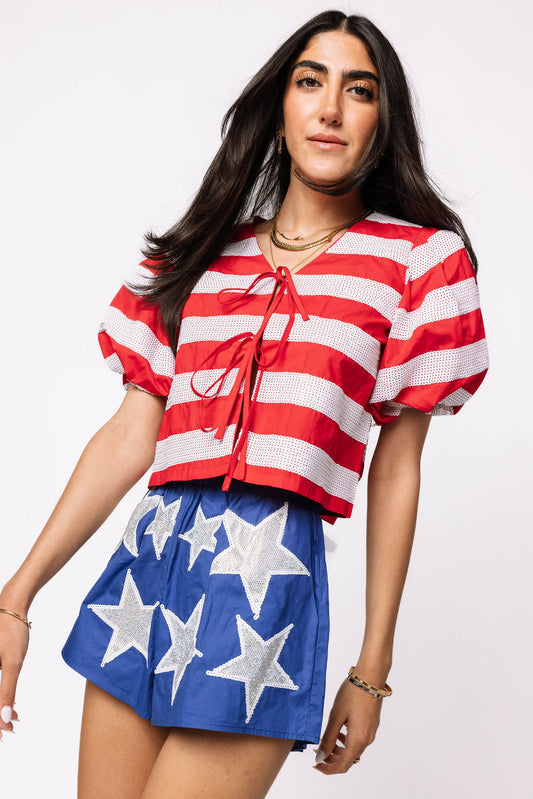 Red & White Stripe Cotton Poof Sleeve Tie Top