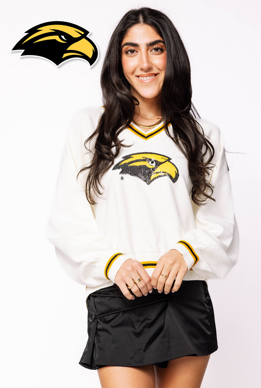 Licensed Southern Miss V Neck Striped Cuff LS Sweater With Small Mascot