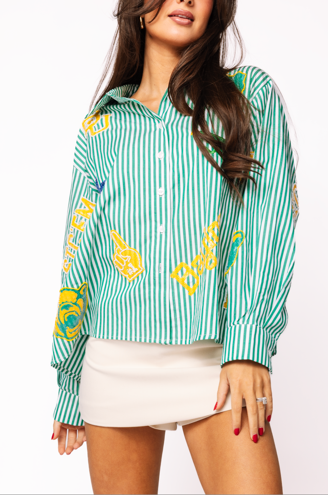 Licensed Baylor Mini Icon Striped Button Down Long Sleeve Top