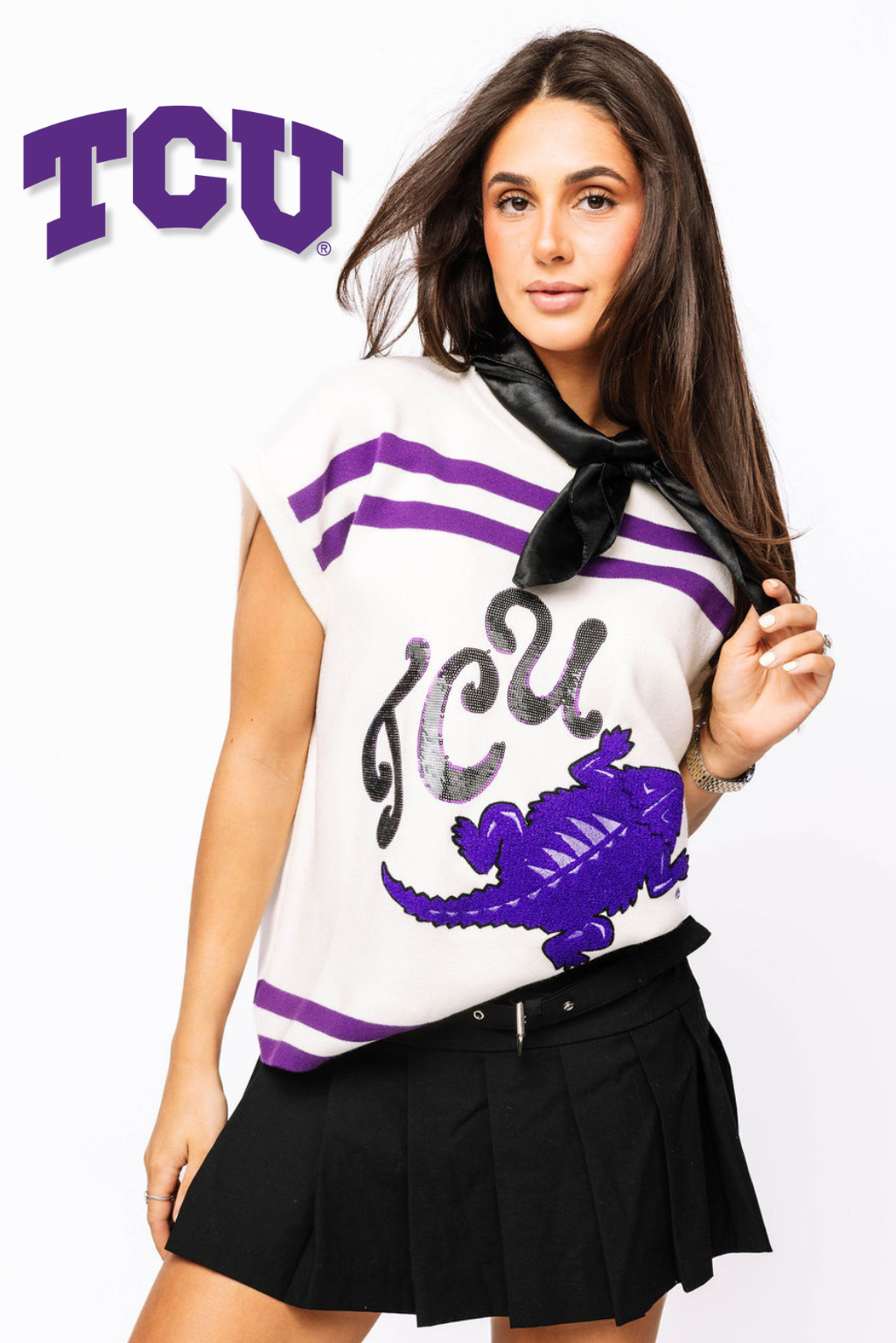 Licensed- White & Purple TCU Hornfrogs Striped Short Sleeve Top