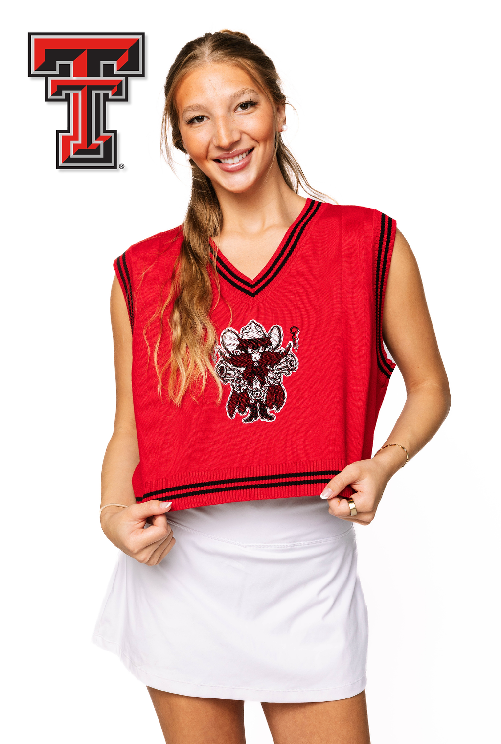Licensed Red Texas Tech V Neck Striped Cuff Vest With Small Mascot