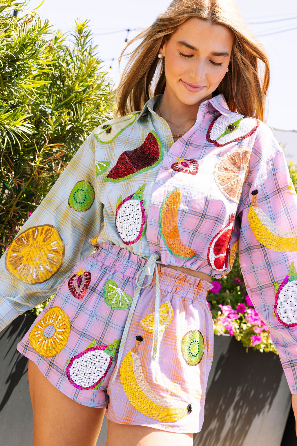 Colorblock Plaid Fruit Short