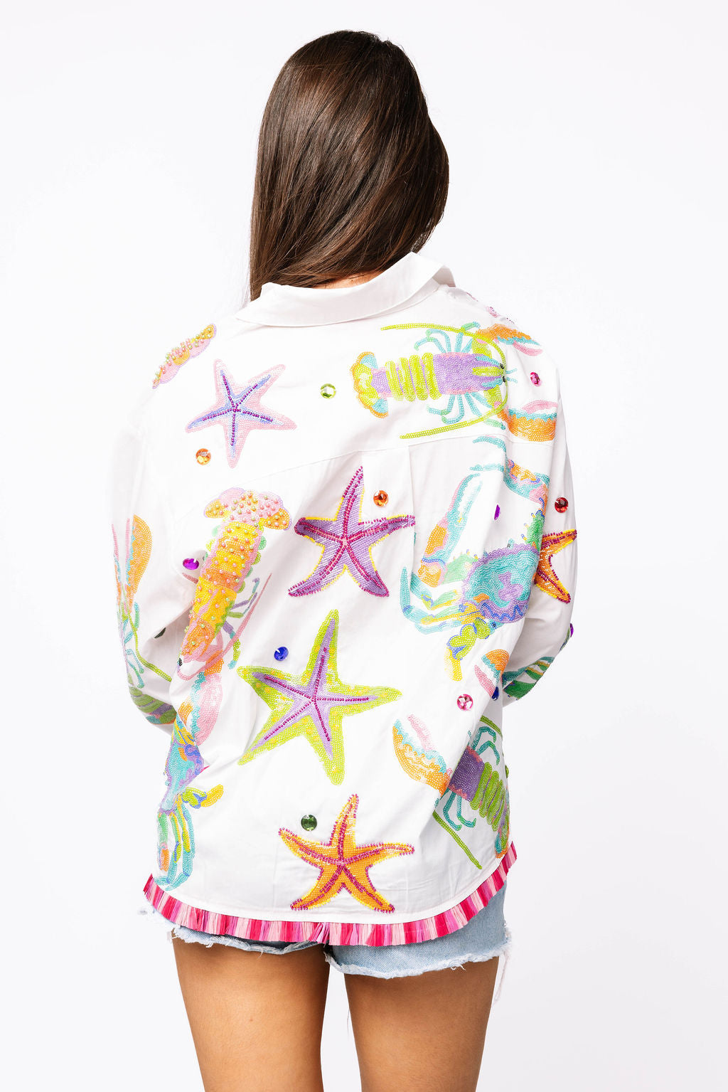 White Multi Crab, Starfish & Lobster Fringe Button Up