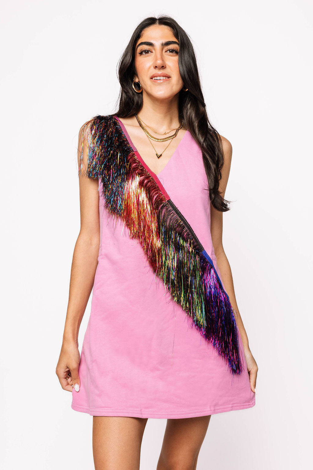 Diagonal Metallic Fringe Dress