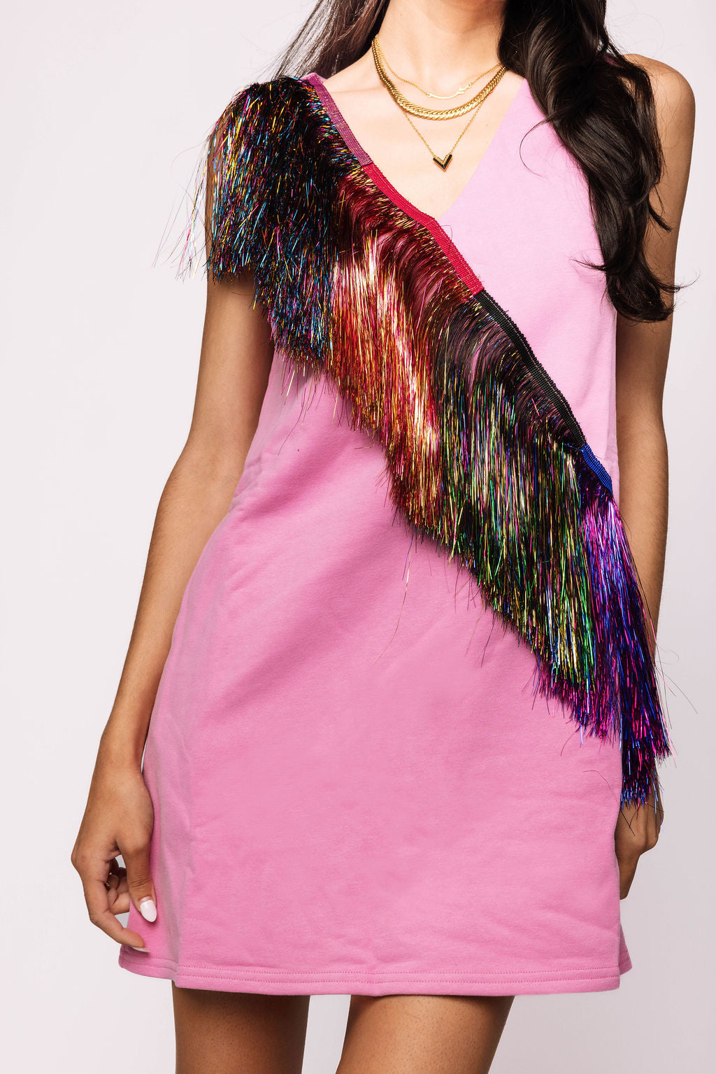 Diagonal Metallic Fringe Dress