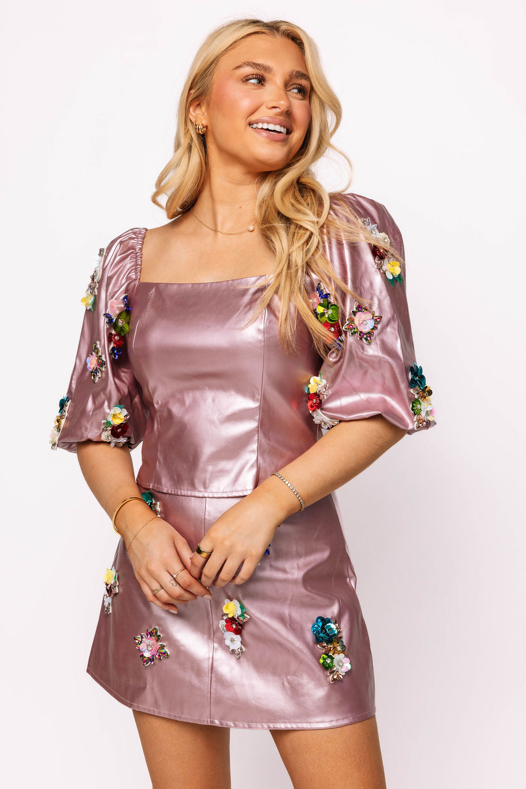 Metallic Rose Leather Flower Poof Sleeve Top