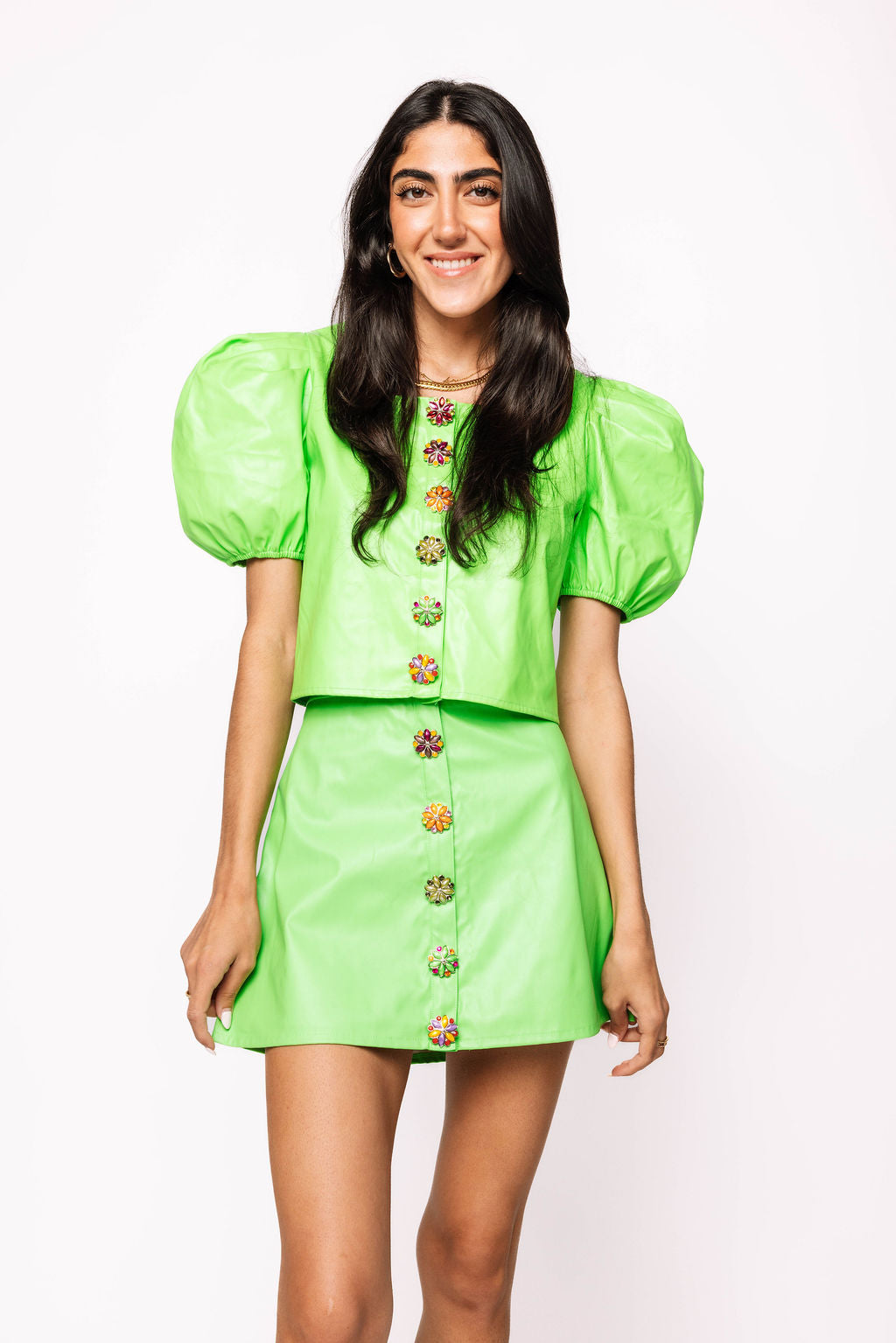 Neon Green Leather Button Up Skirt