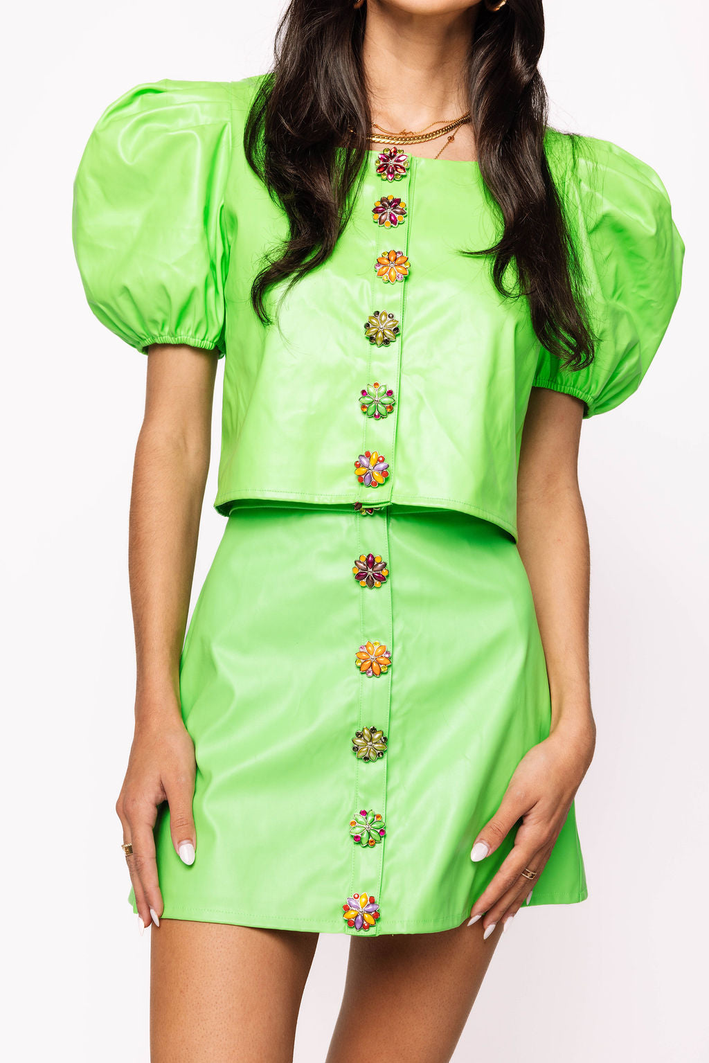 Neon Green Leather Button Up Skirt