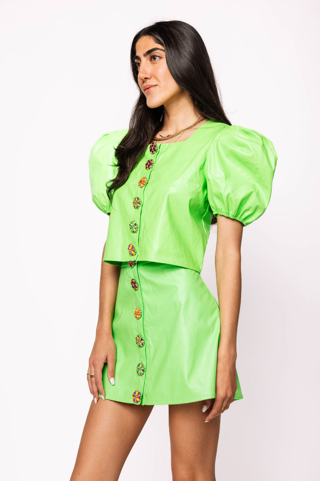 Neon Green Leather Button Up Skirt