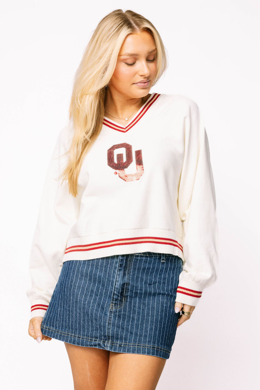 Licensed Oklahoma V Neck Striped Cuff LS Sweater With Small Mascot