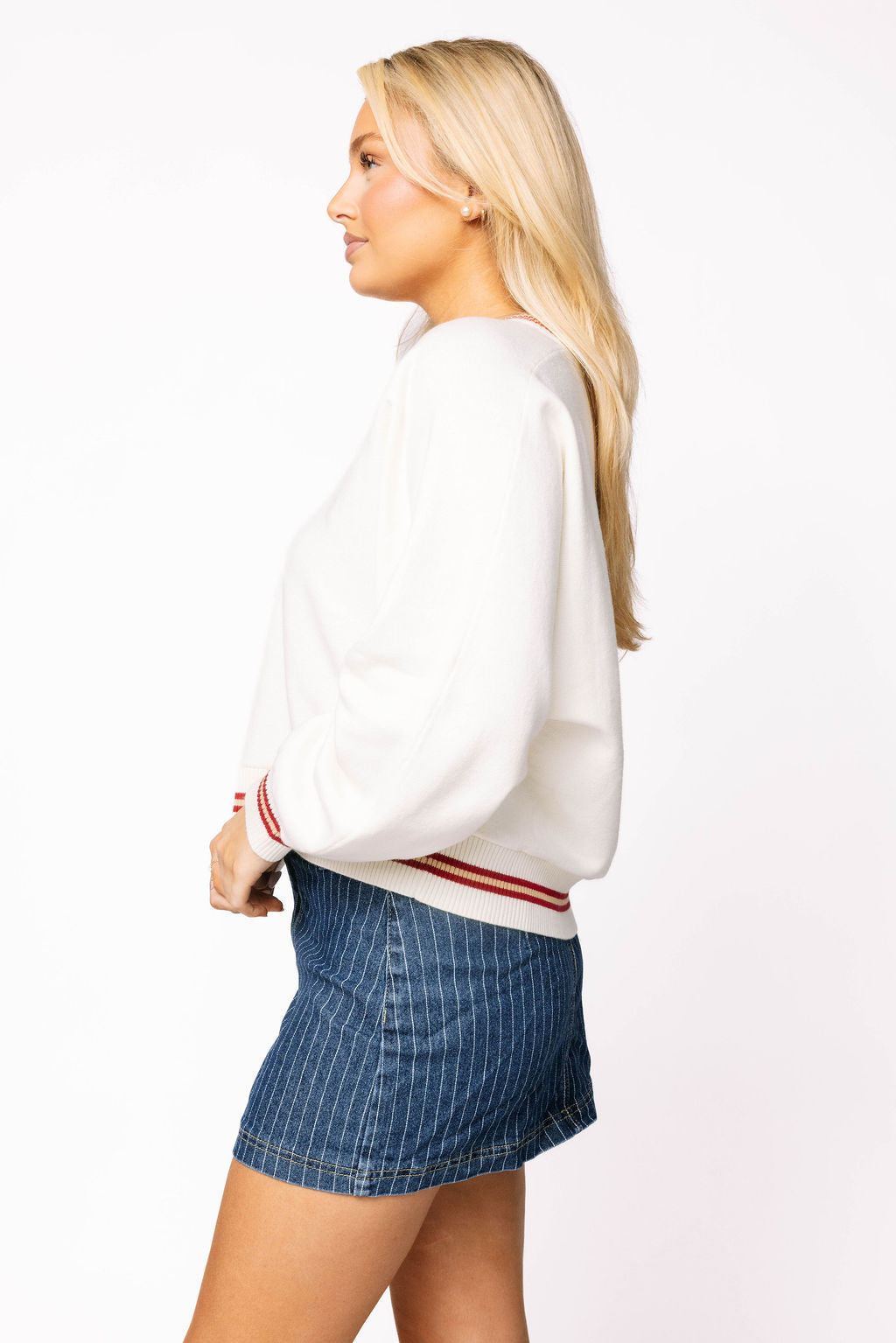 Licensed Oklahoma V Neck Striped Cuff LS Sweater With Small Mascot