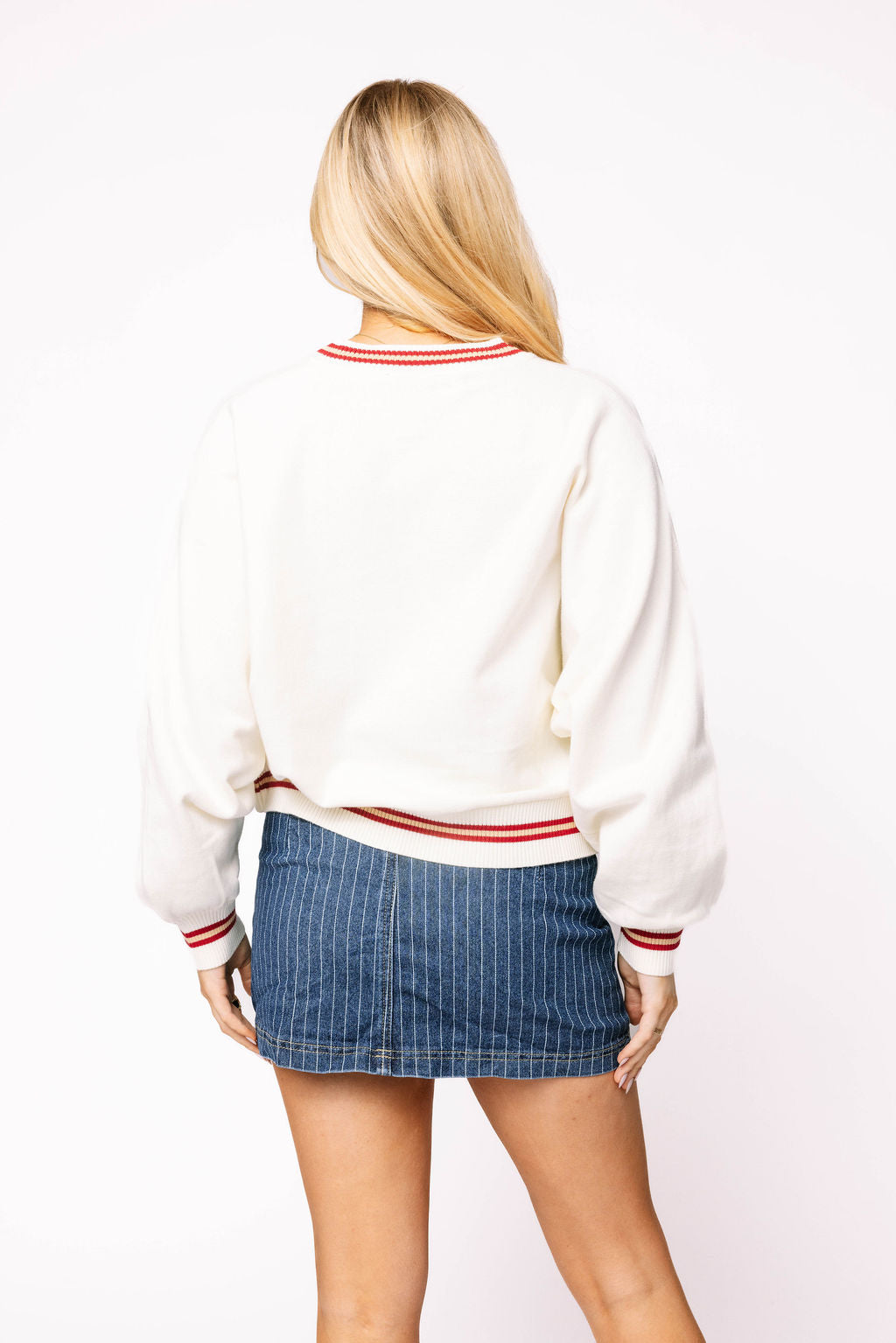 Licensed Oklahoma V Neck Striped Cuff LS Sweater With Small Mascot