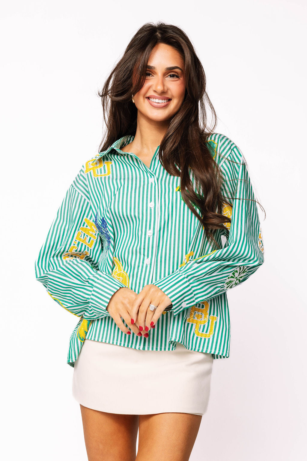 Licensed Baylor Mini Icon Striped Button Down Long Sleeve Top