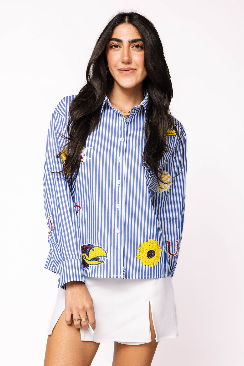 Licensed Kansas Mini Icon Striped Button Down Long Sleeve Top