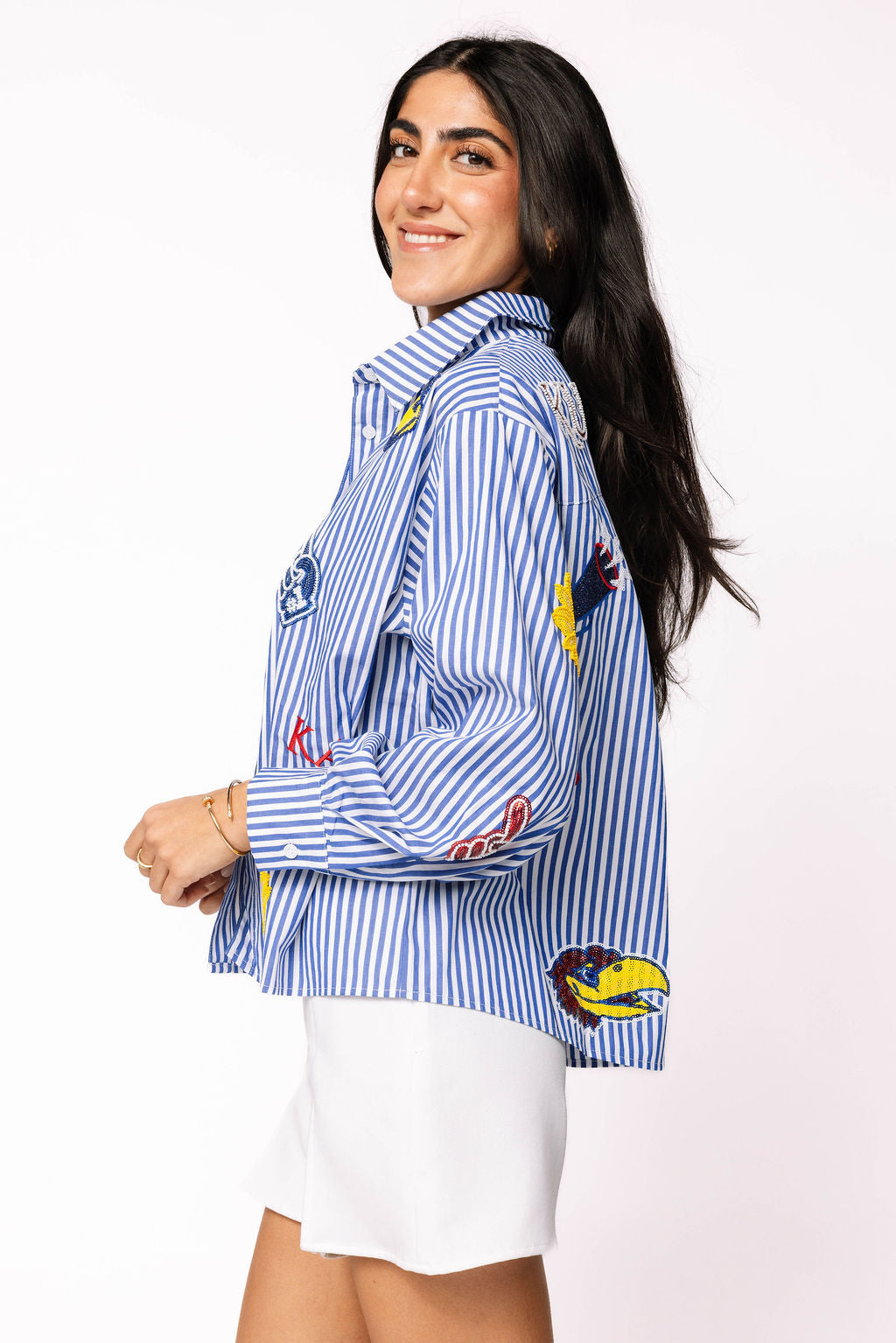 Licensed Kansas Mini Icon Striped Button Down Long Sleeve Top