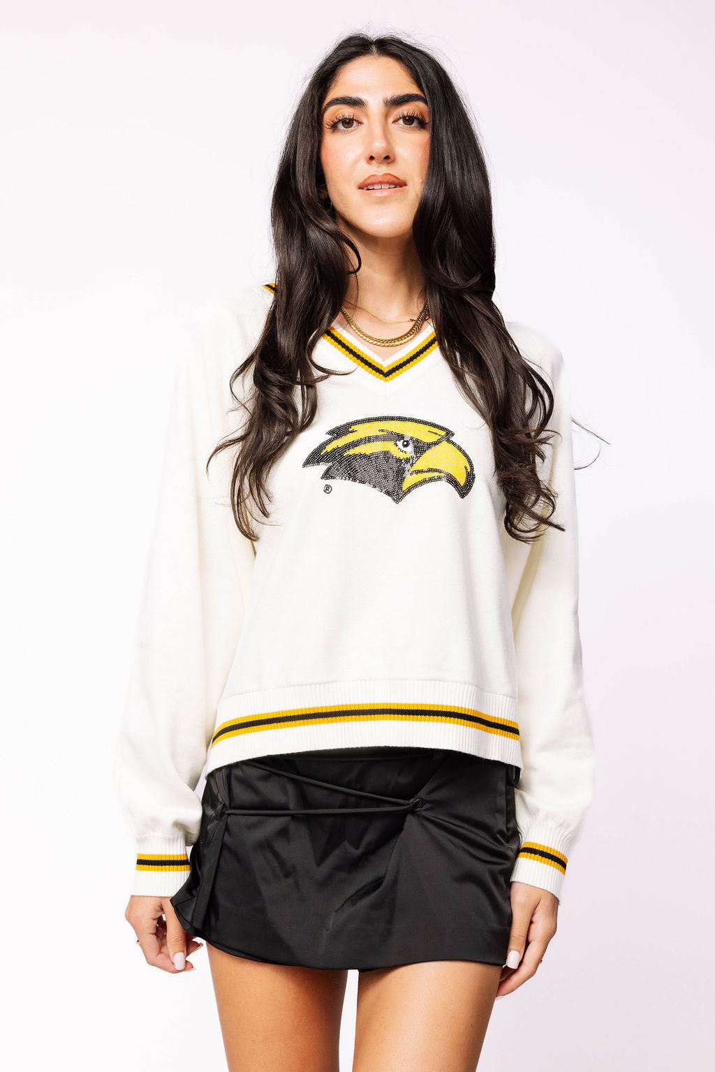 Licensed Southern Miss V Neck Striped Cuff LS Sweater With Small Mascot