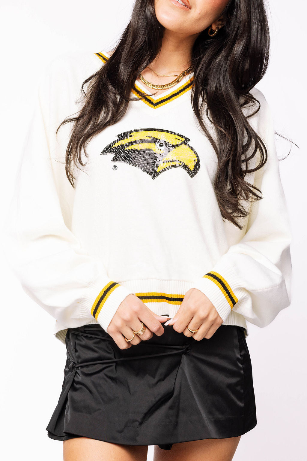 Licensed Southern Miss V Neck Striped Cuff LS Sweater With Small Mascot