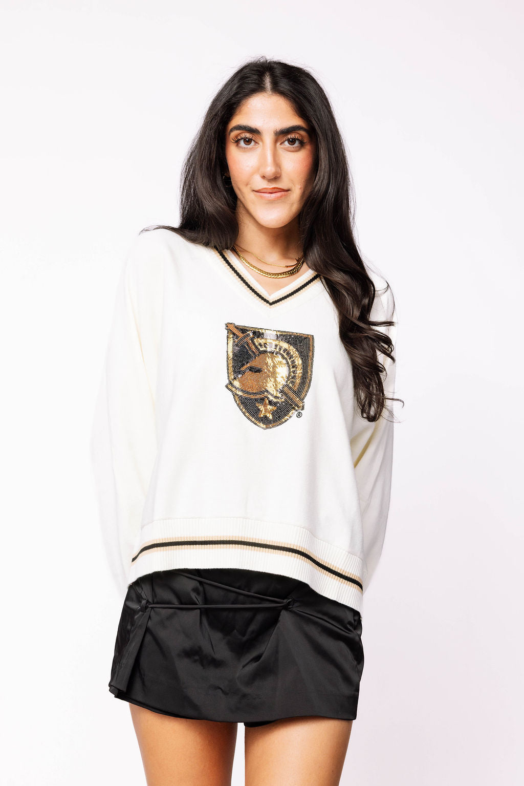 Licensed Army V Neck Striped Cuff LS Sweater With Small Mascot