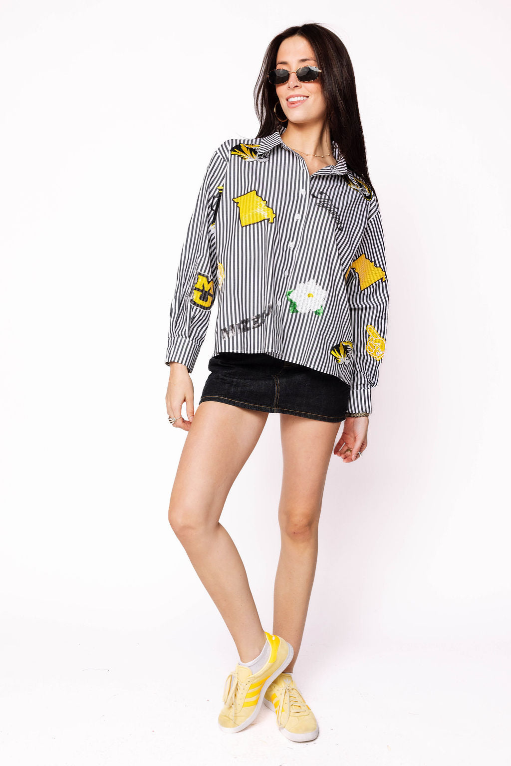 Licensed Mizzou Mini Icon Striped Button Down Long Sleeve Top