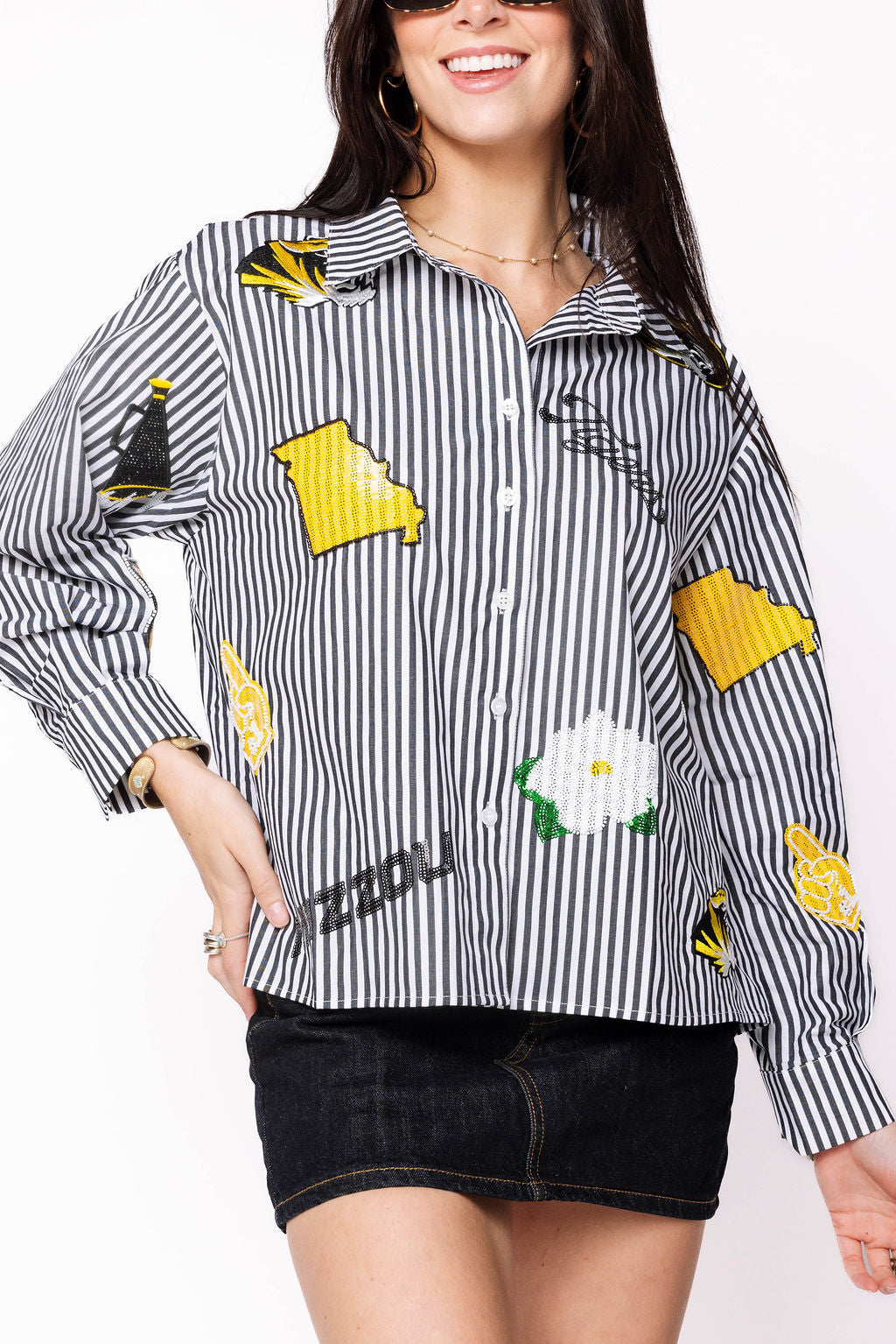 Licensed Mizzou Mini Icon Striped Button Down Long Sleeve Top