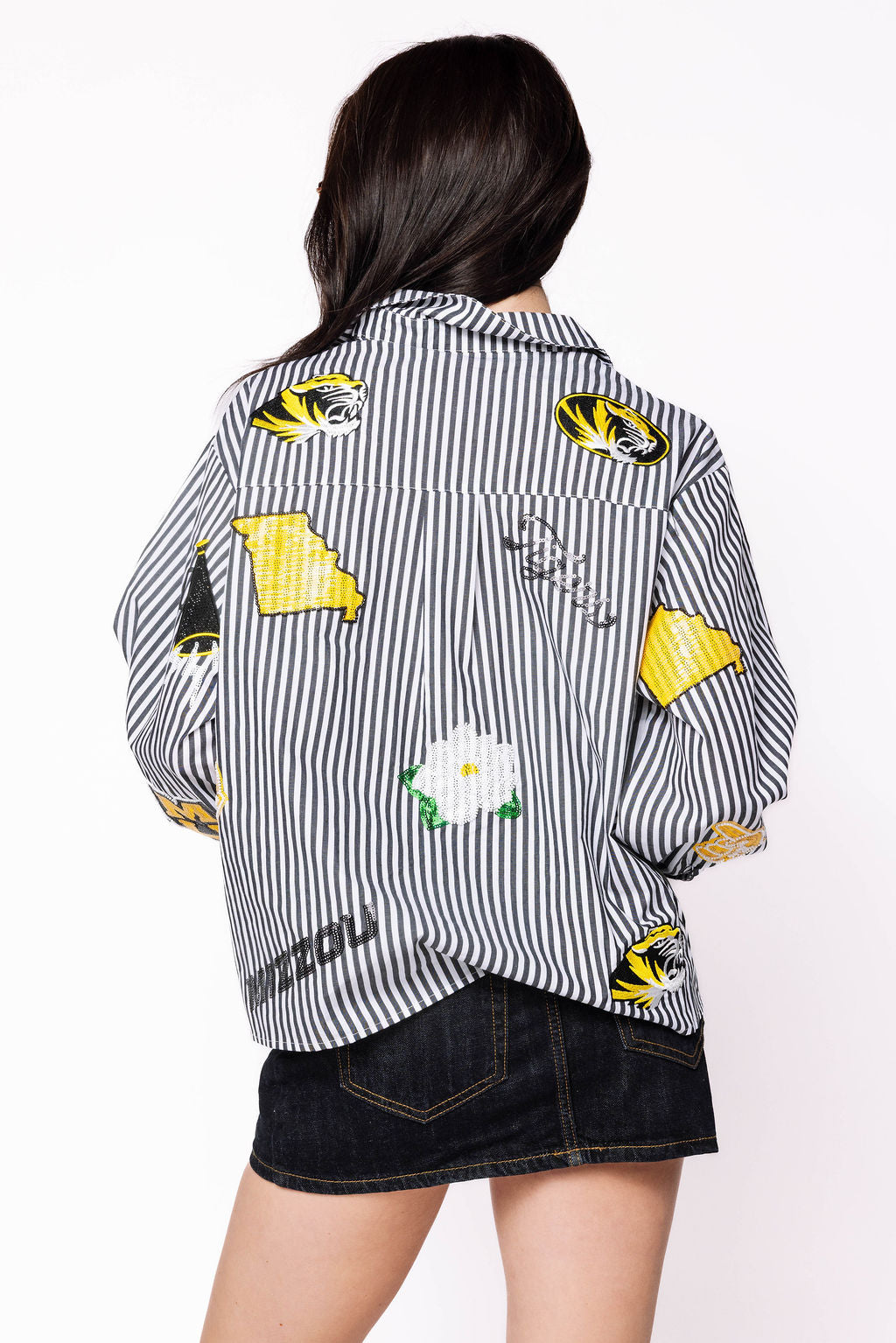 Licensed Mizzou Mini Icon Striped Button Down Long Sleeve Top