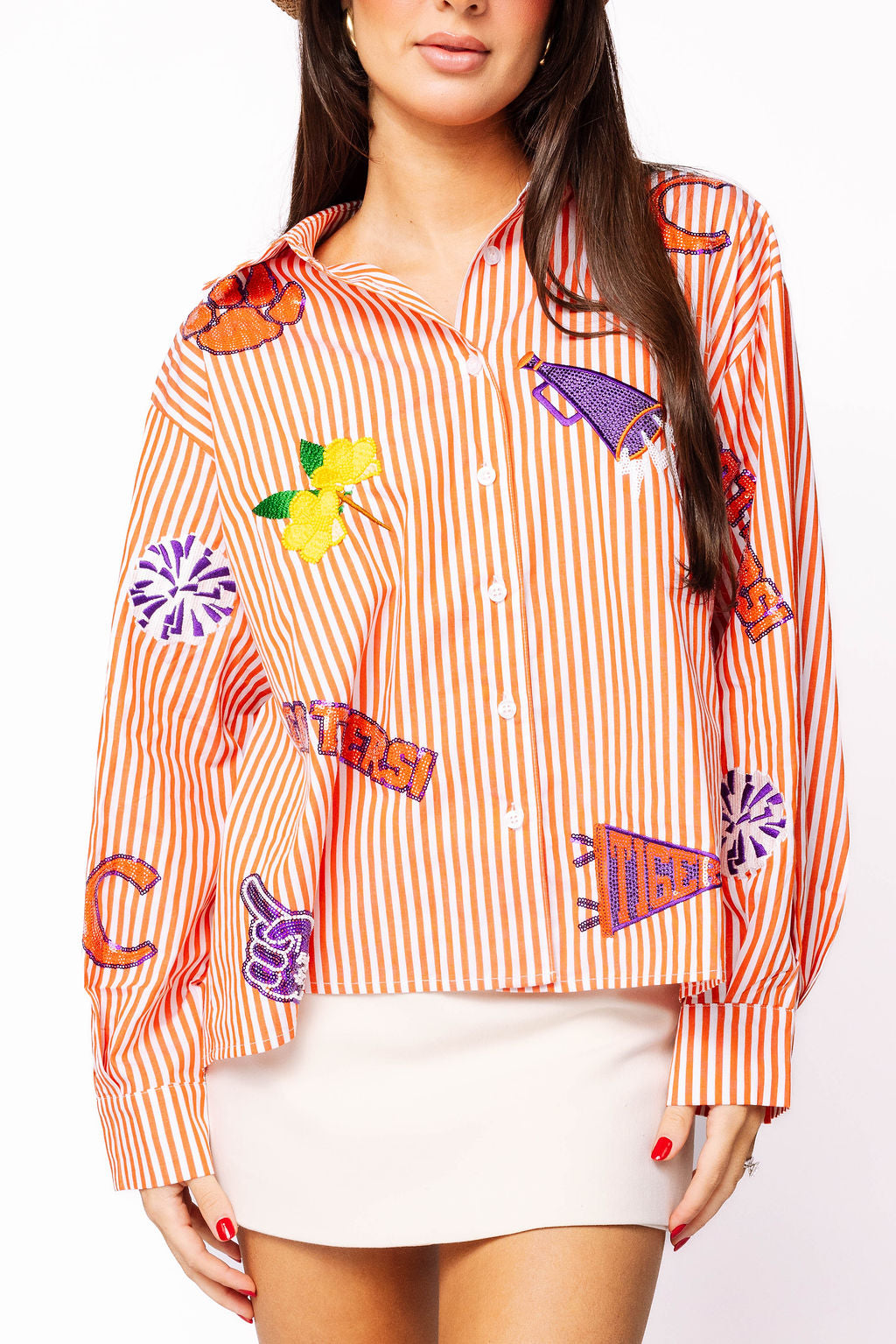 Licensed Clemson Mini Icon Striped Button Down Long Sleeve Top